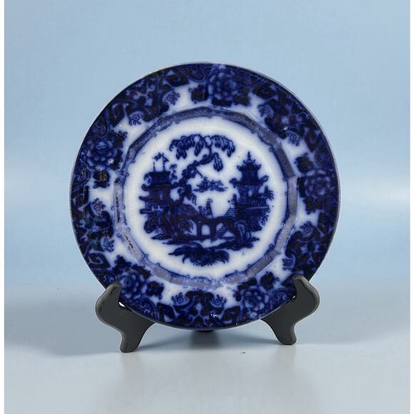 KIN-SHAN Flow Blue Staffordshire Chinoiserie 8.5" Plate By E.C.  Co 1850 - Picture 1 of 8